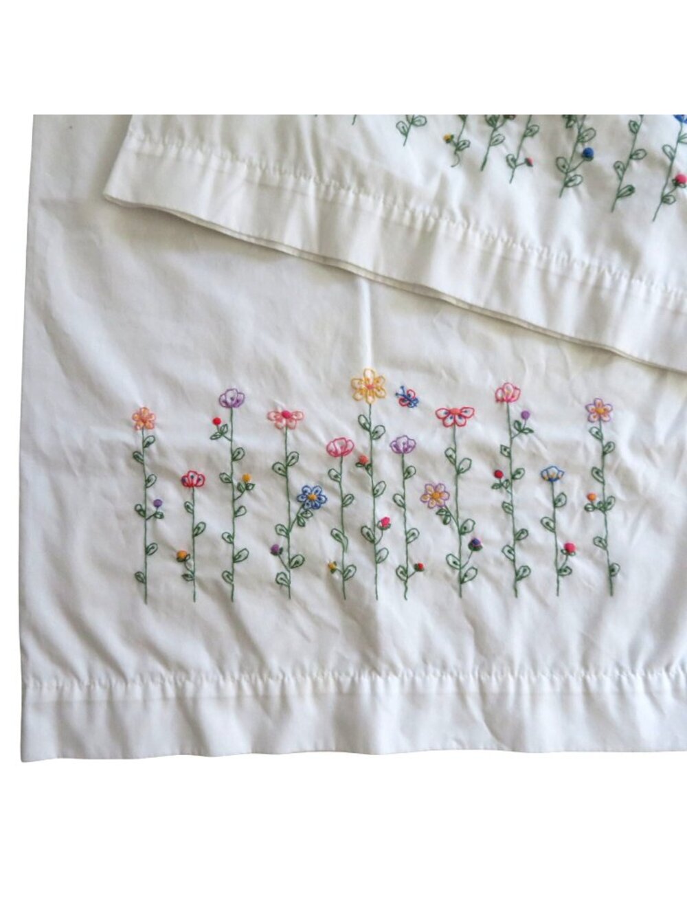 Vintage Hand-Embroidered White Pillowcases Multicolor Floral Set of 2 Standard